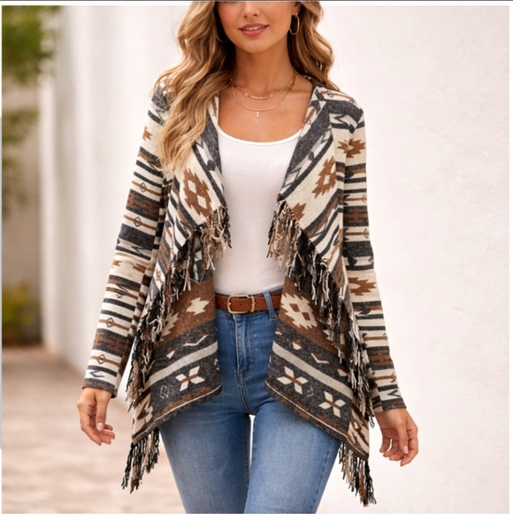 Me Jane Sweaters - Aztec Southwestern Tribal Print Fringe Cardigan Wrap Jacket Boho Western Blanket